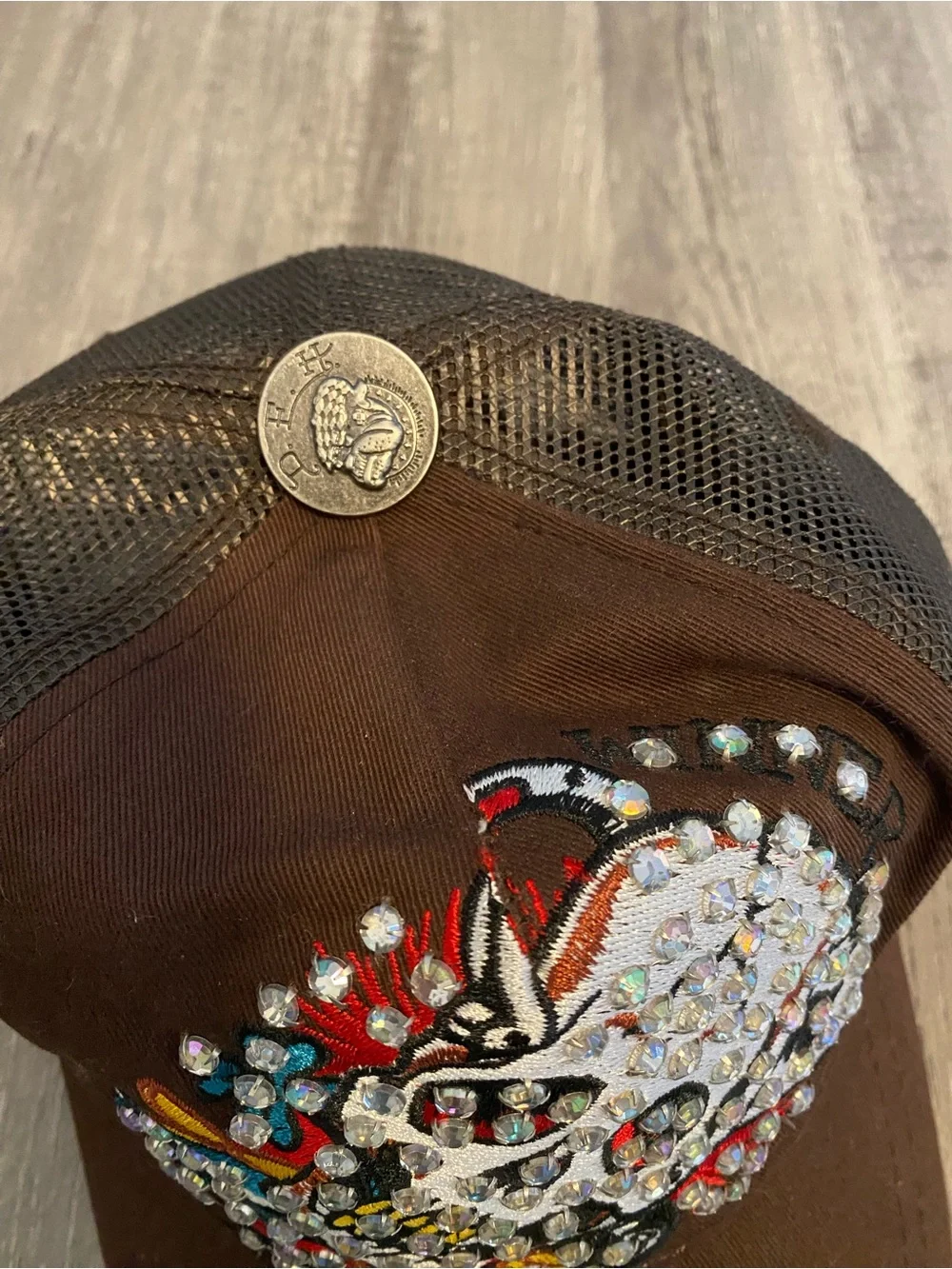 Ed Hardy Brown Trucker Hat with Crystal Skull and Multicolor Embroidery
